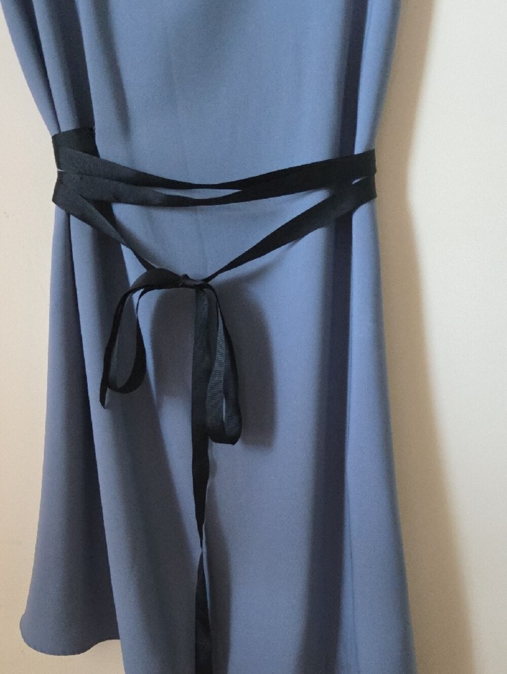 Blue Midi Dress with Black Waist Tie - Picture 3 of 7